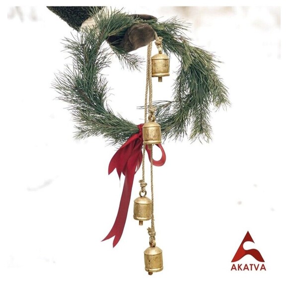 Rustic Tin Metal Cow Bells on Rope Wooden Clapper Christmas Decoration NEW!! - Picture 4 of 11